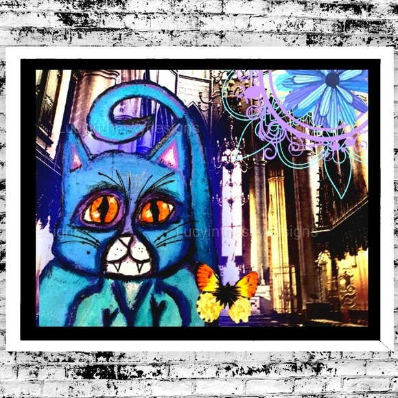 Bright Cat Butterfly Illustration Vivid Colorful Handmade Art Print Mixed Media - Picture 1 of 5